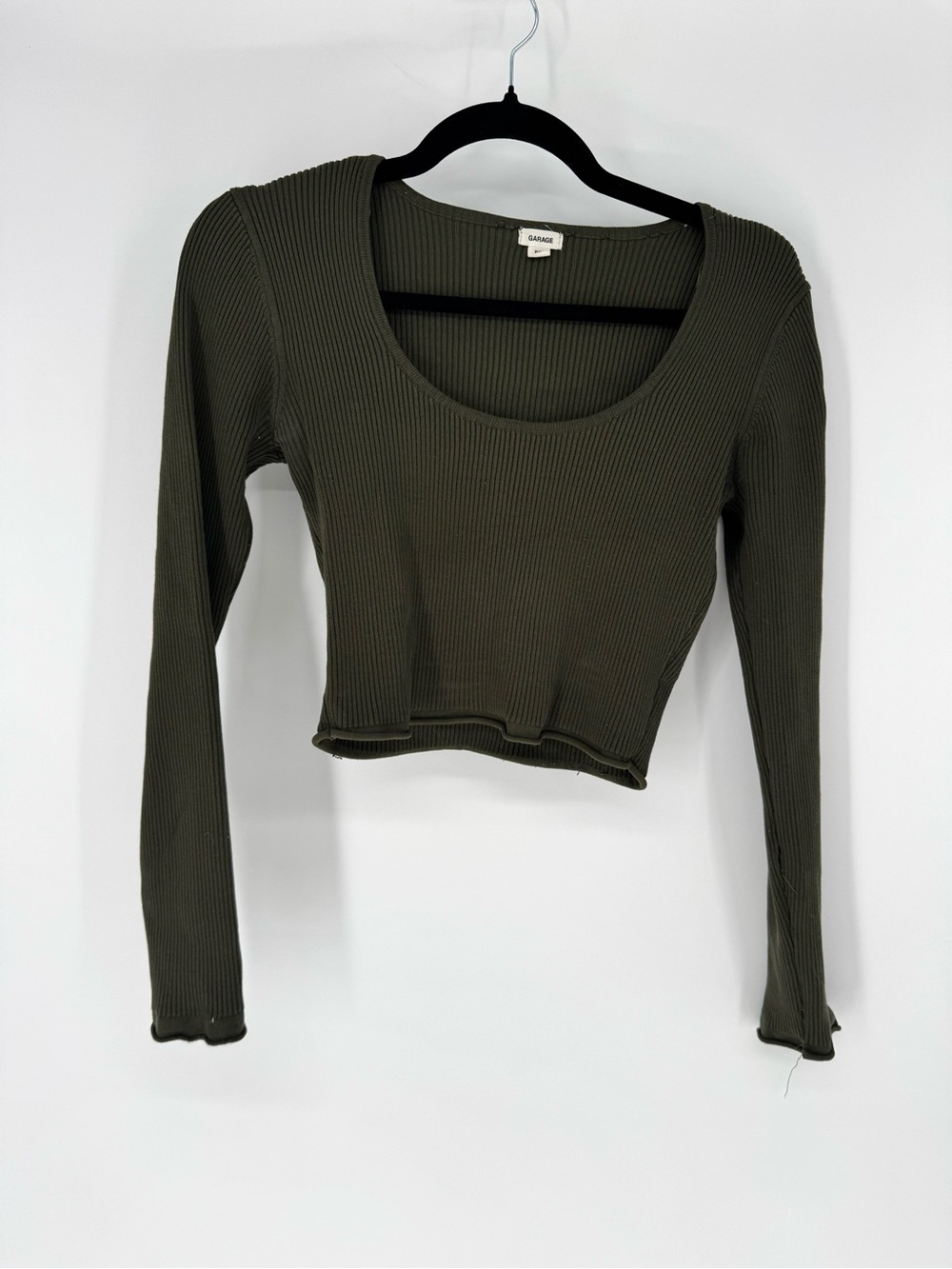 Garage Olive Ribbed Scoop Crop Long Sleeve Top
